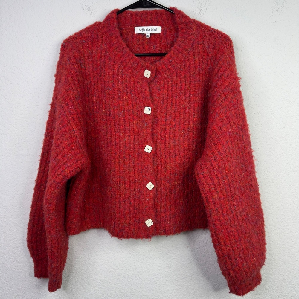 Sofie the label Cardigan Womens S Red‎ Wool Blend Crop Chunky Knit Boho Romantic